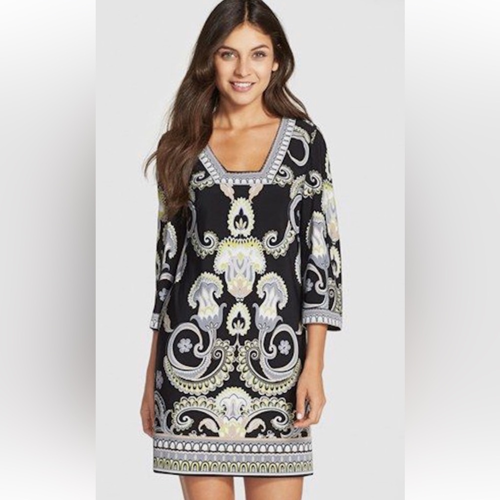 Laundry by Shelli Segal square neck blossom abstract print dress. 3/4 sleeve